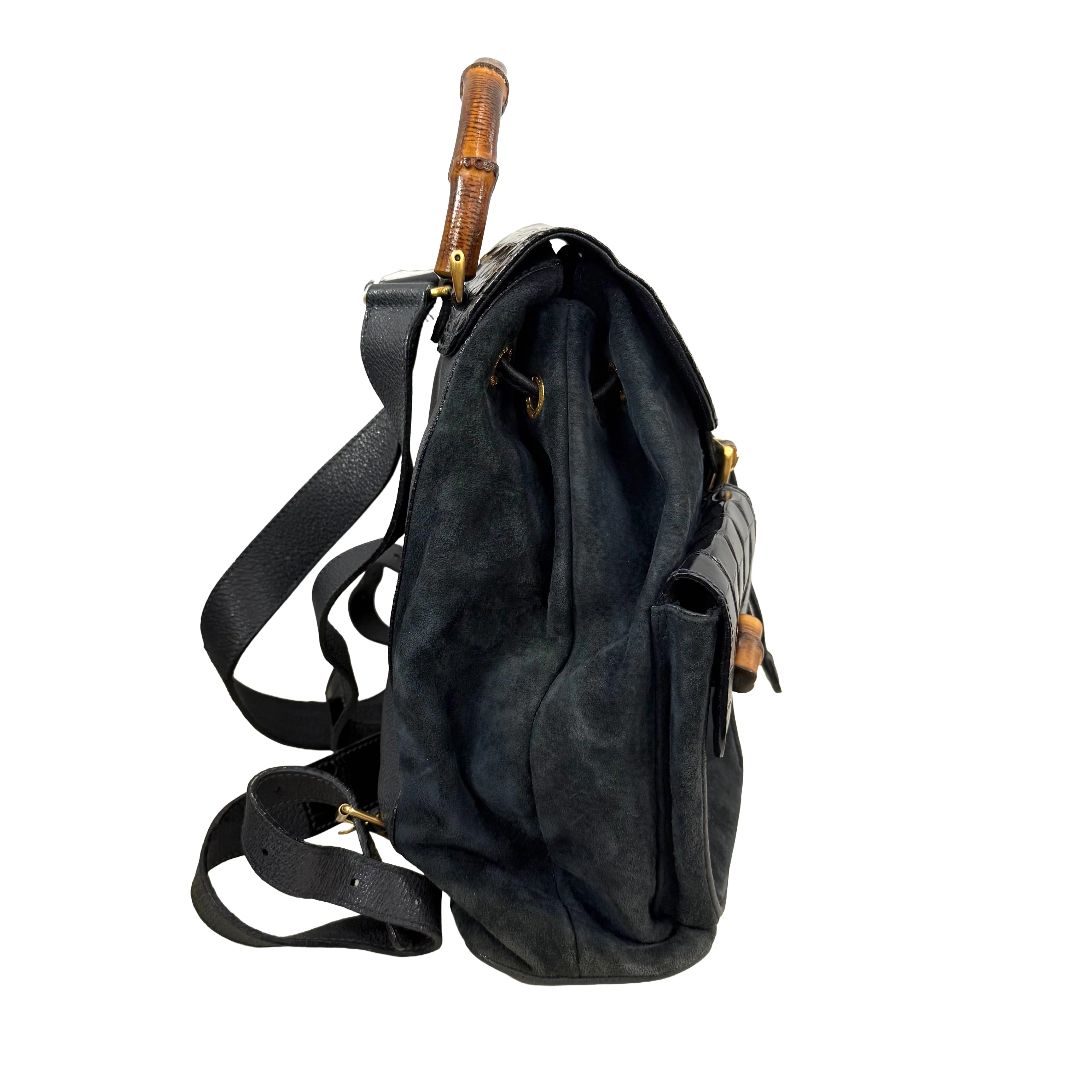 Gucci | Bamboo Backpack – Black Suede & Croc-Embossed Leather (Pristine Condition) - Image 3