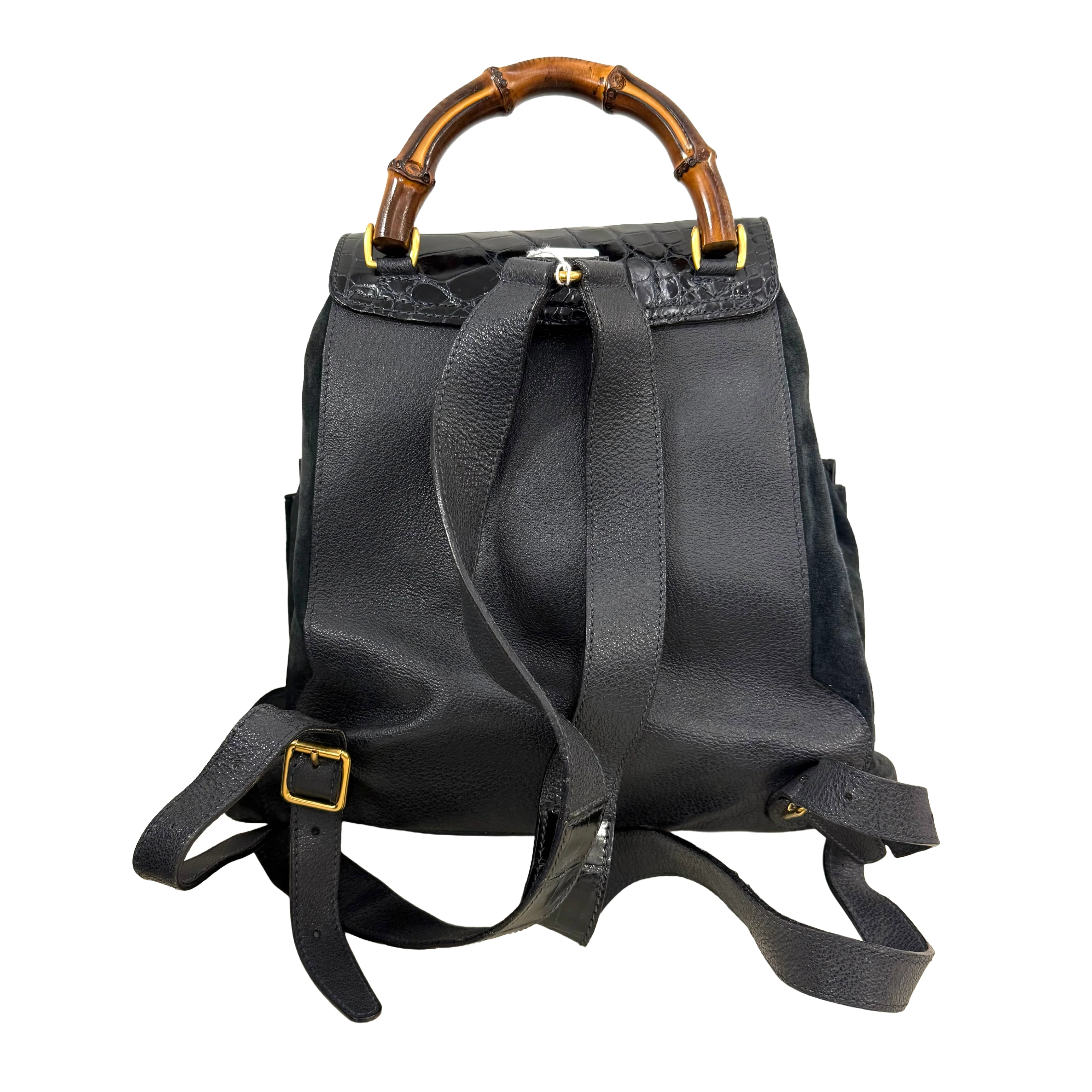 Gucci | Bamboo Backpack – Black Suede & Croc-Embossed Leather (Pristine Condition) - Image 4