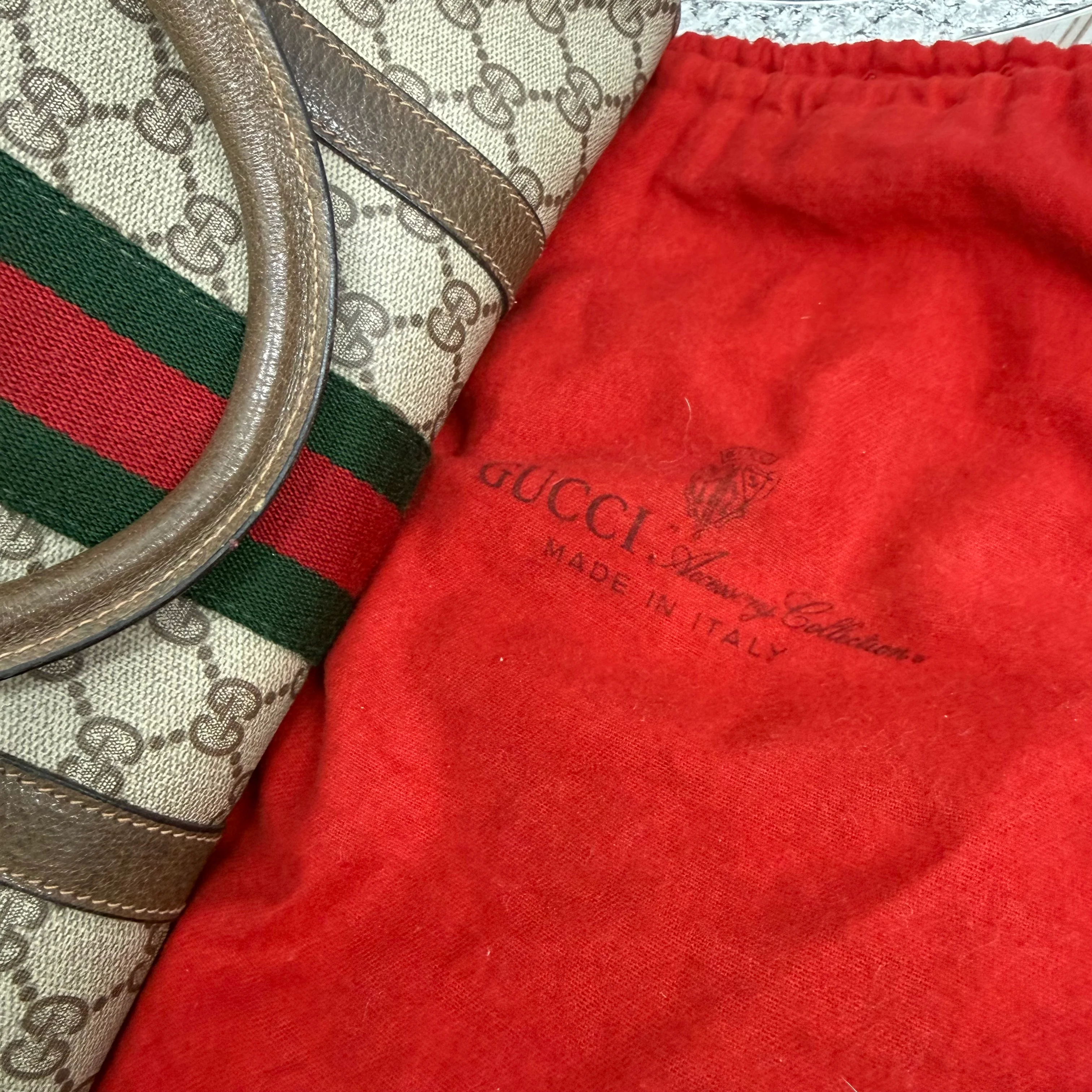 Gucci | Boston Bag – Beige Canvas with Web Stripe & Brown Leather Trim (Good Condition) - Image 4