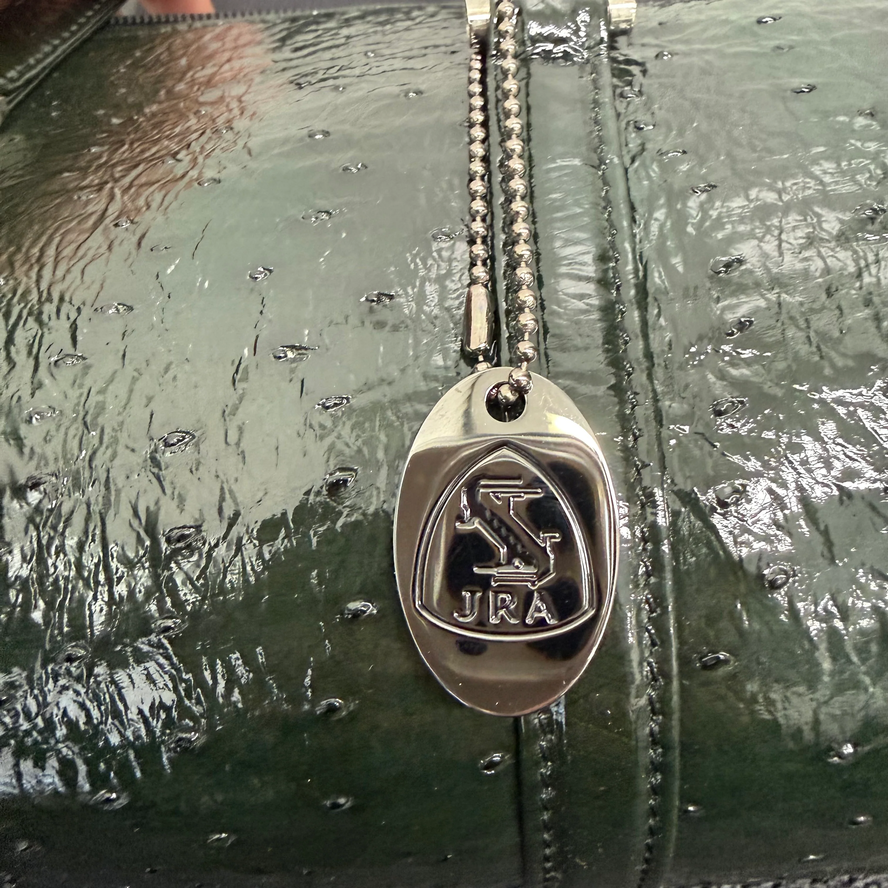 JRA | Ostrich Leather Barrel Handbag – Dark Green & Silver Hardware (Excellent Condition) - Image 4